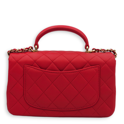 Quilted Rectangle Mini Red Top Handle Bag in Lambskin, Gold hardware