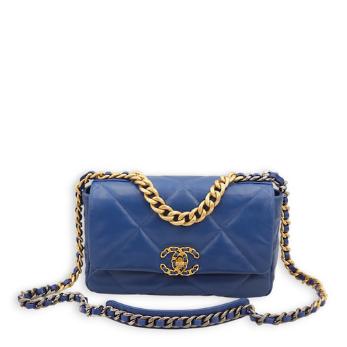 S19 Flap Small Blue Shoulder Bag in Goat Leather, 3-Tone hardware