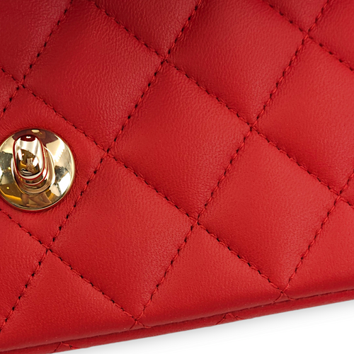 Quilted Rectangle Mini Red Top Handle Bag in Lambskin, Gold hardware