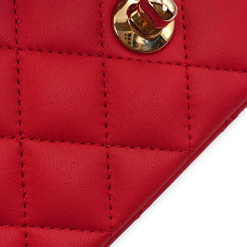 Quilted Rectangle Mini Red Top Handle Bag in Lambskin, Gold hardware