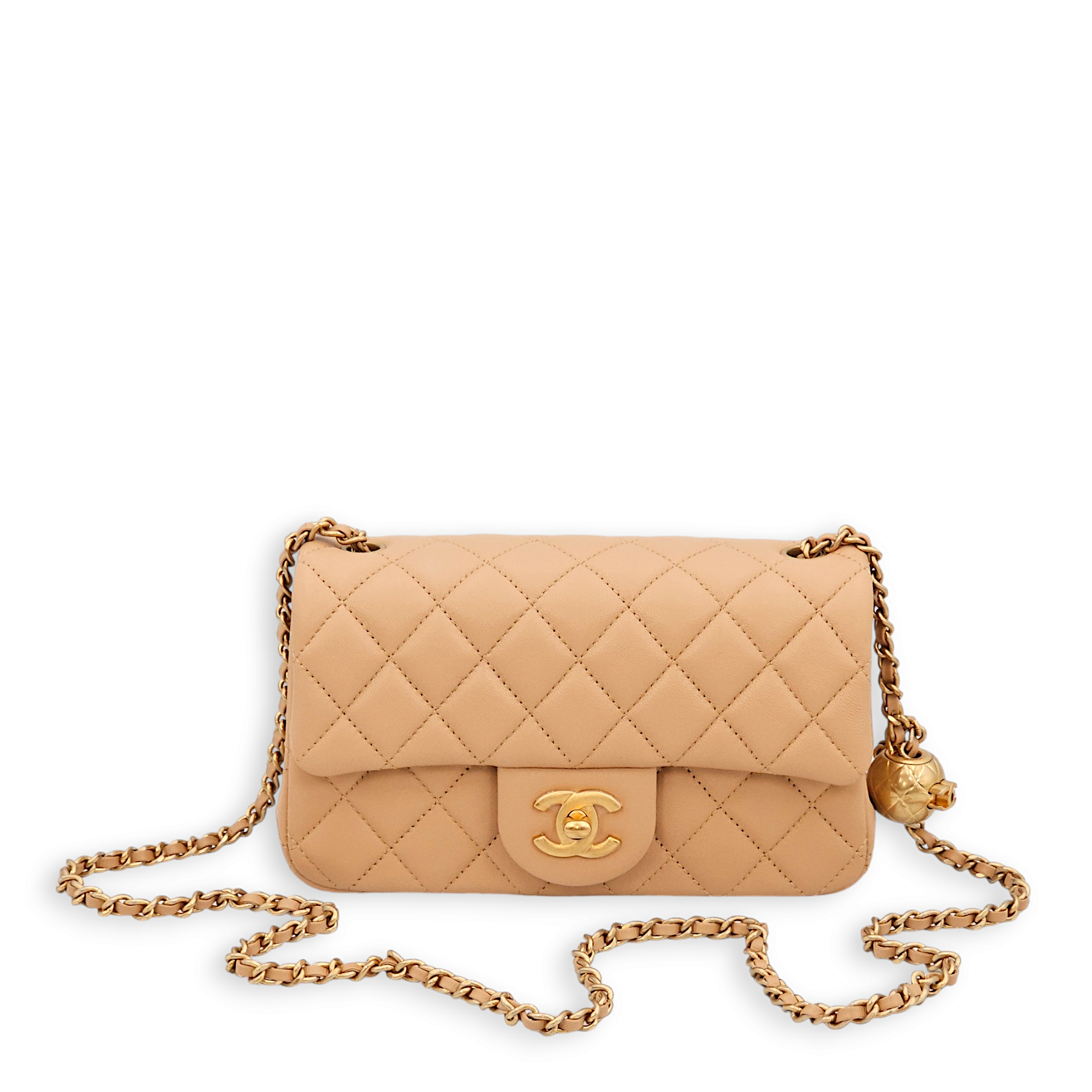 Pearl Crush Rectangle Mini Caramel Crossbody Bag in Lambskin, Gold hardware