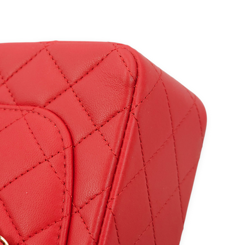 Quilted Rectangle Mini Red Top Handle Bag in Lambskin, Gold hardware