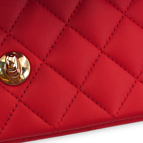 Quilted Rectangle Mini Red Top Handle Bag in Lambskin, Gold hardware