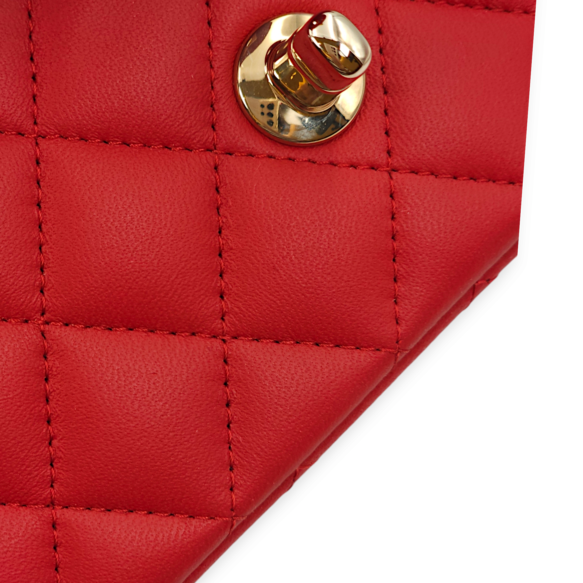 Quilted Rectangle Mini Red Top Handle Bag in Lambskin, Gold hardware