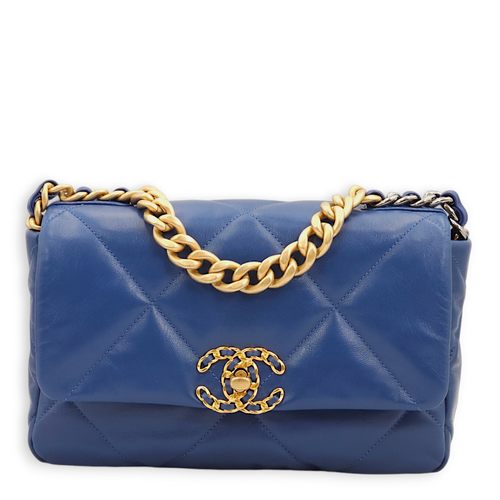 S19 Flap Small Blue Shoulder Bag in Goat Leather, 3-Tone hardware