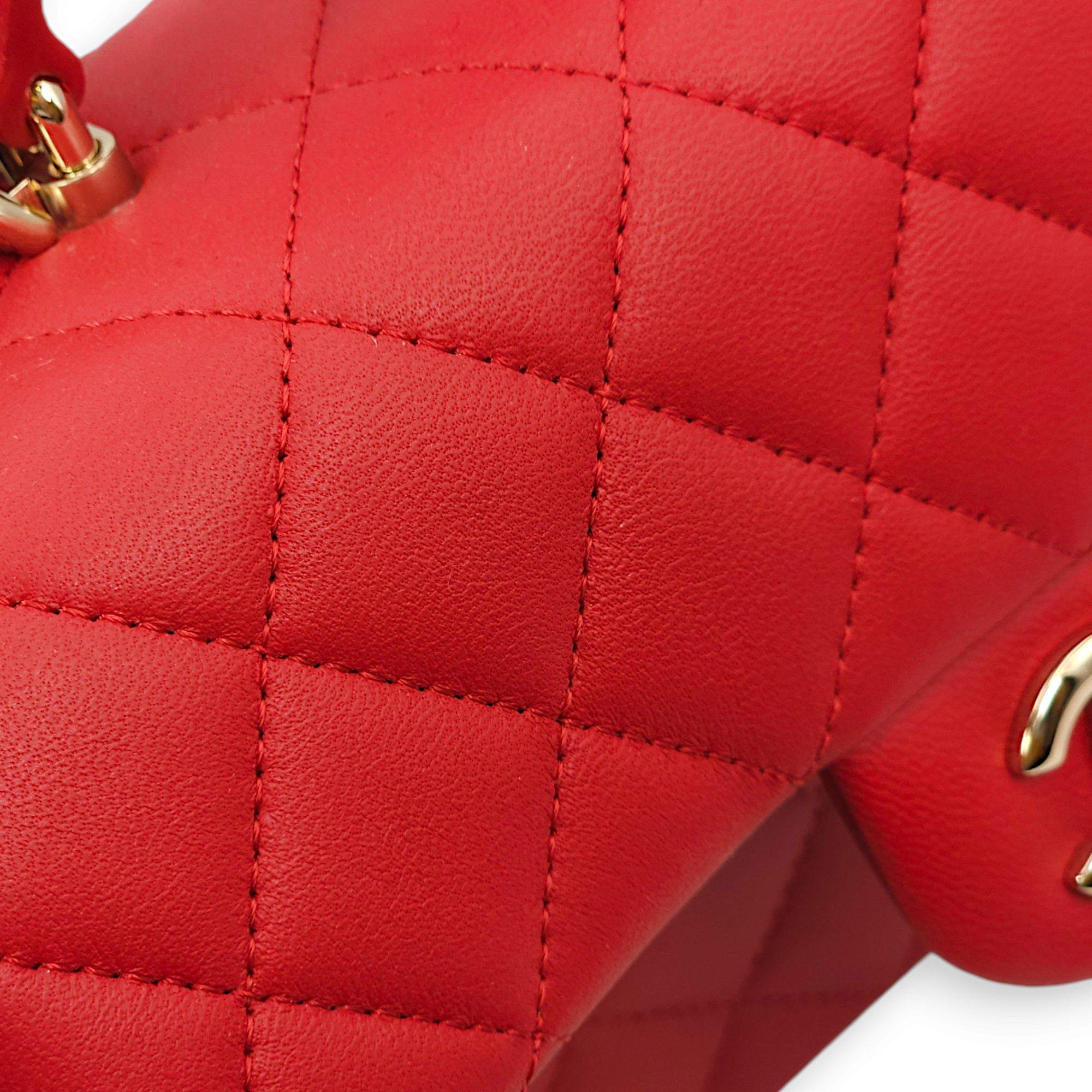 Quilted Rectangle Mini Red Top Handle Bag in Lambskin, Gold hardware