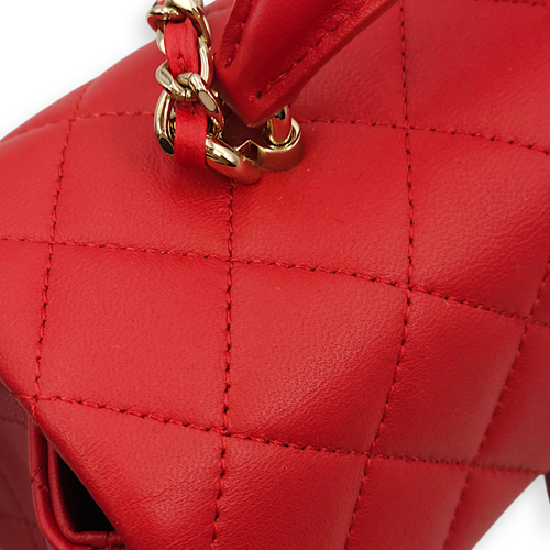 Quilted Rectangle Mini Red Top Handle Bag in Lambskin, Gold hardware