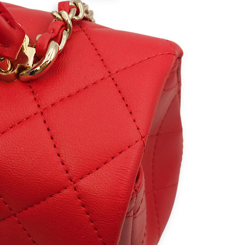 Quilted Rectangle Mini Red Top Handle Bag in Lambskin, Gold hardware