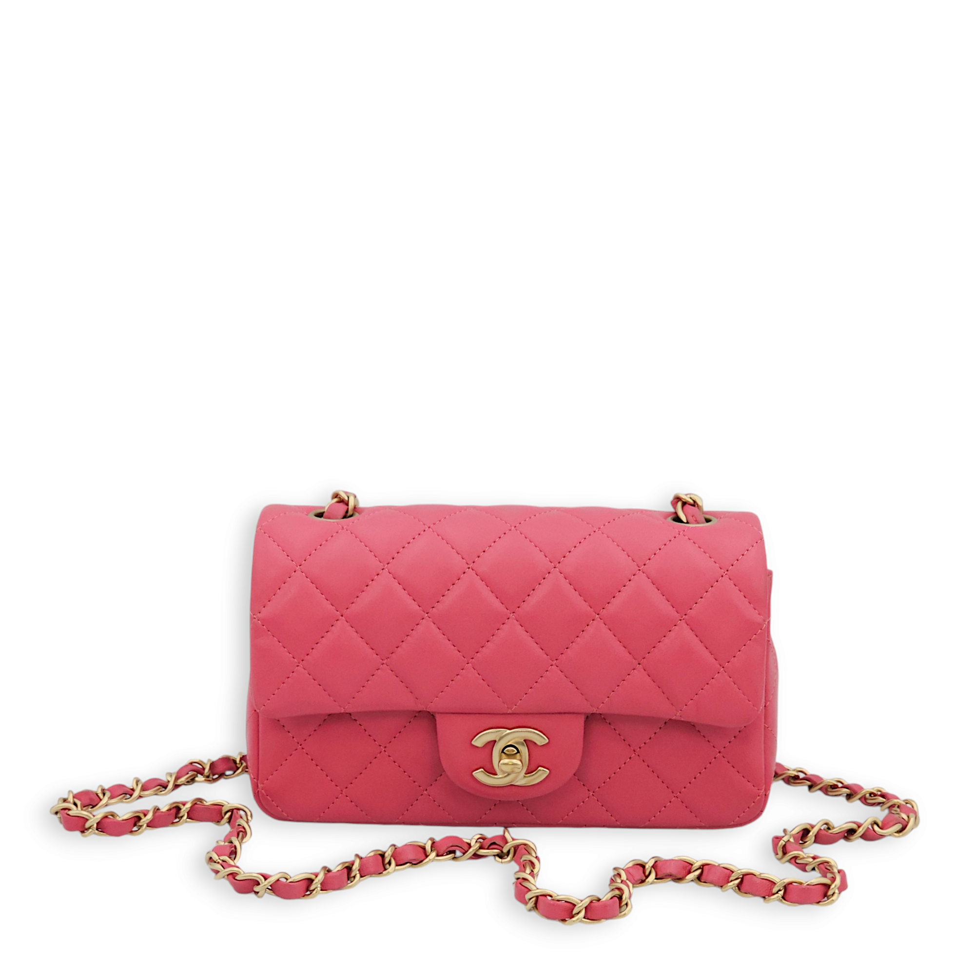 Classic Rectangle Mini Pink Crossbody Bag in Lambskin, Gold hardware