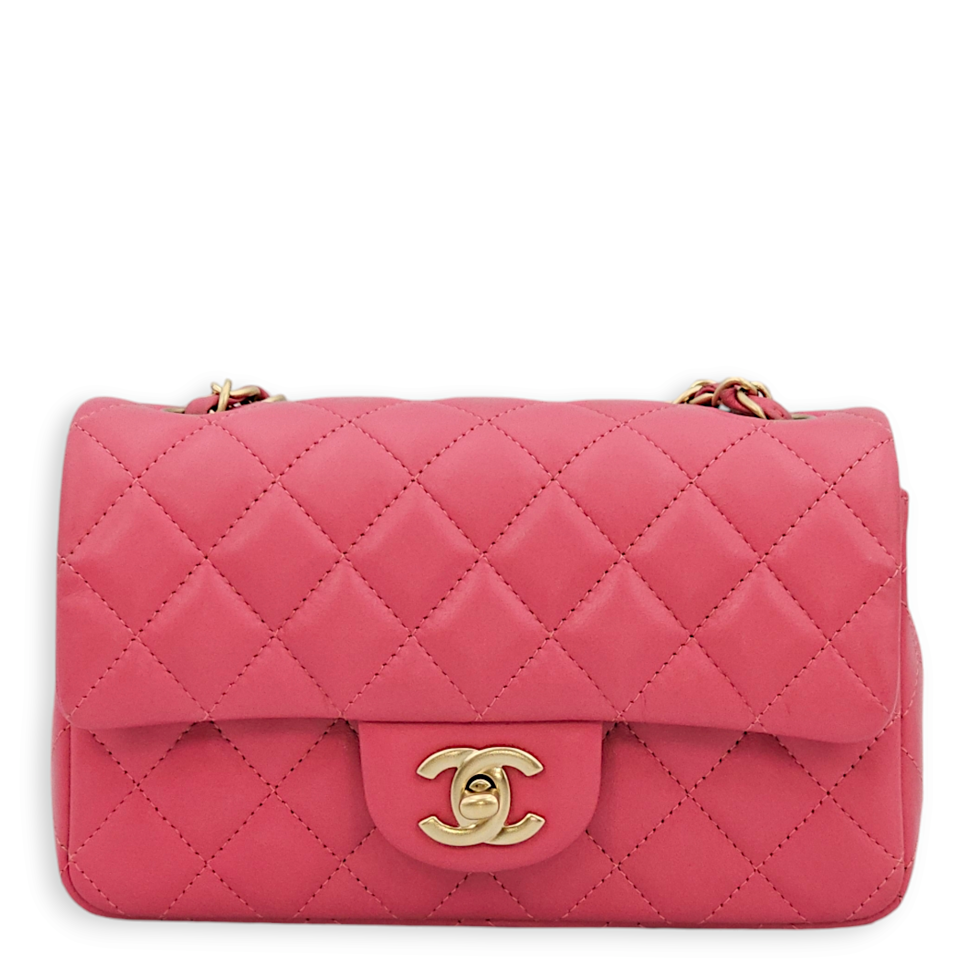 Classic Rectangle Mini Pink Crossbody Bag in Lambskin, Gold hardware