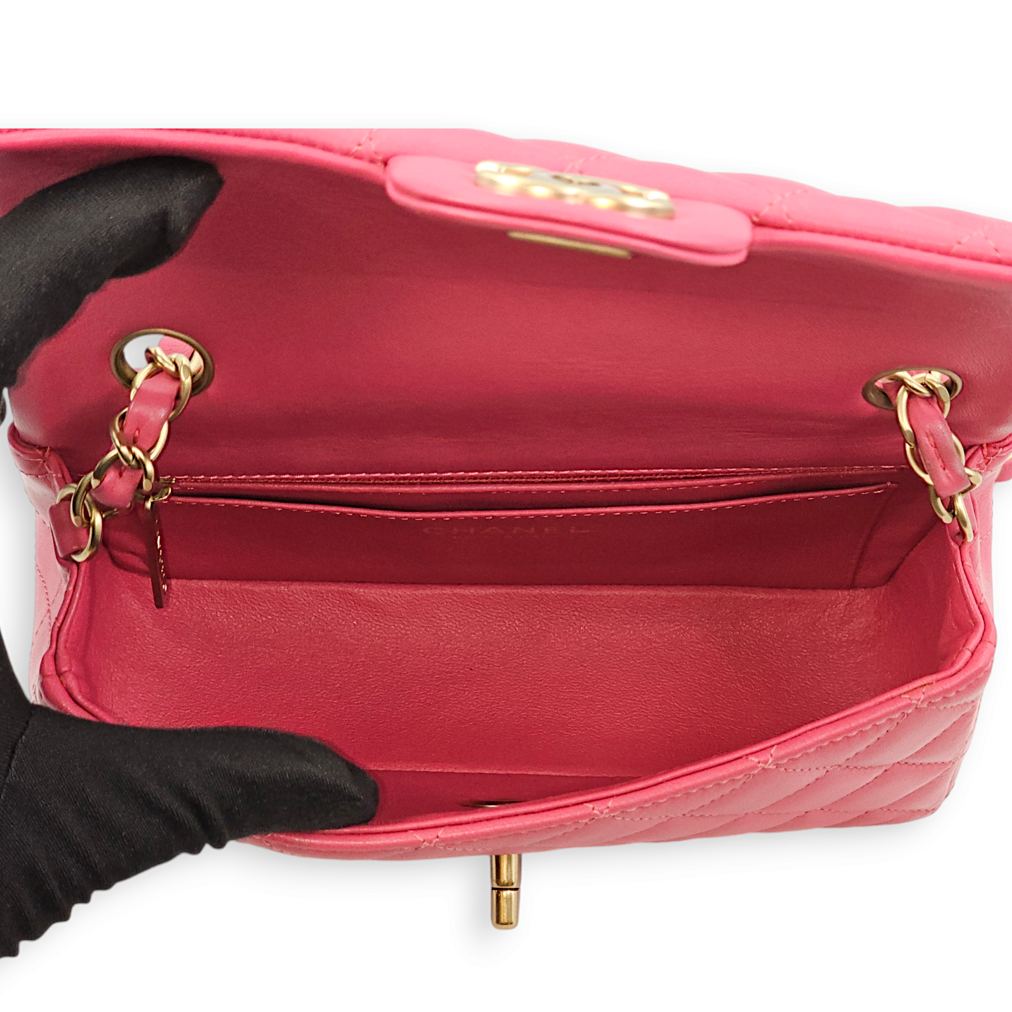 Classic Rectangle Mini Pink Crossbody Bag in Lambskin, Gold hardware