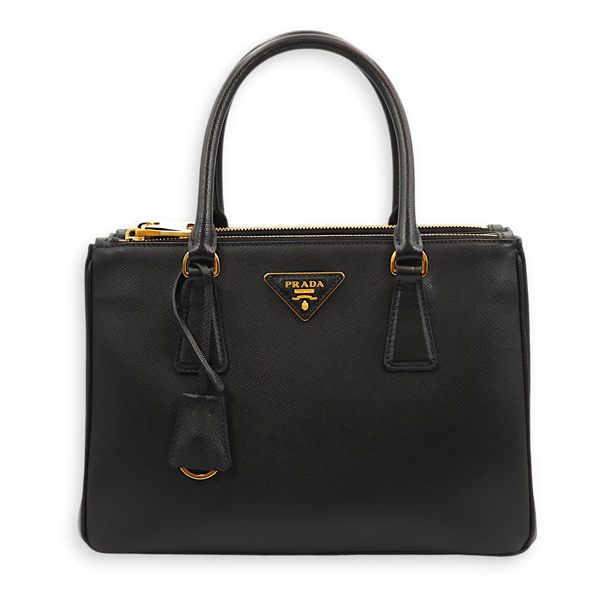 Saffiano Lux Black Top Handle Bag in Saffiano Leather, Gold hardware