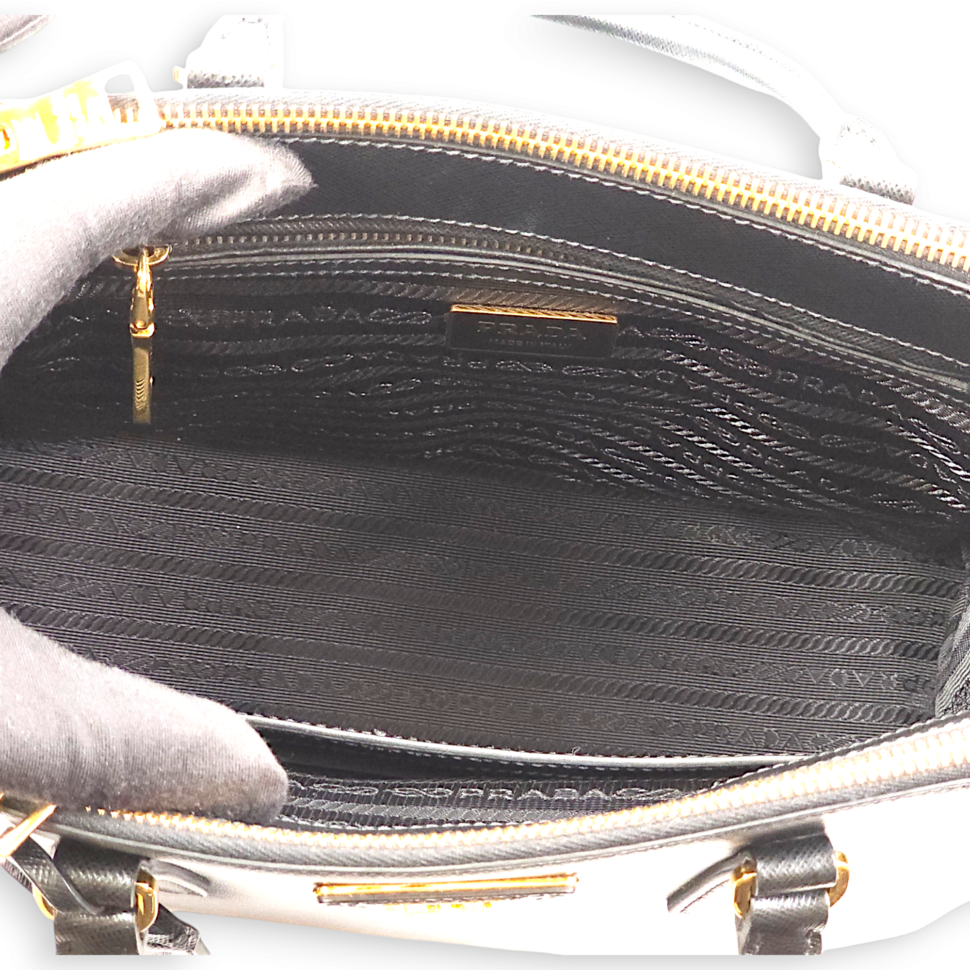 Saffiano Lux Black Top Handle Bag in Saffiano Leather, Gold hardware