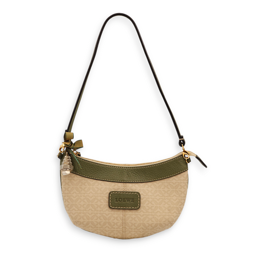 Hobo Mini Beige/Green Shoulder Bag in Calfskin/Fabric, Gold hardware