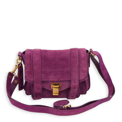 Messenger Purple Crossbody Bag in Suede Leather, Gold hardware