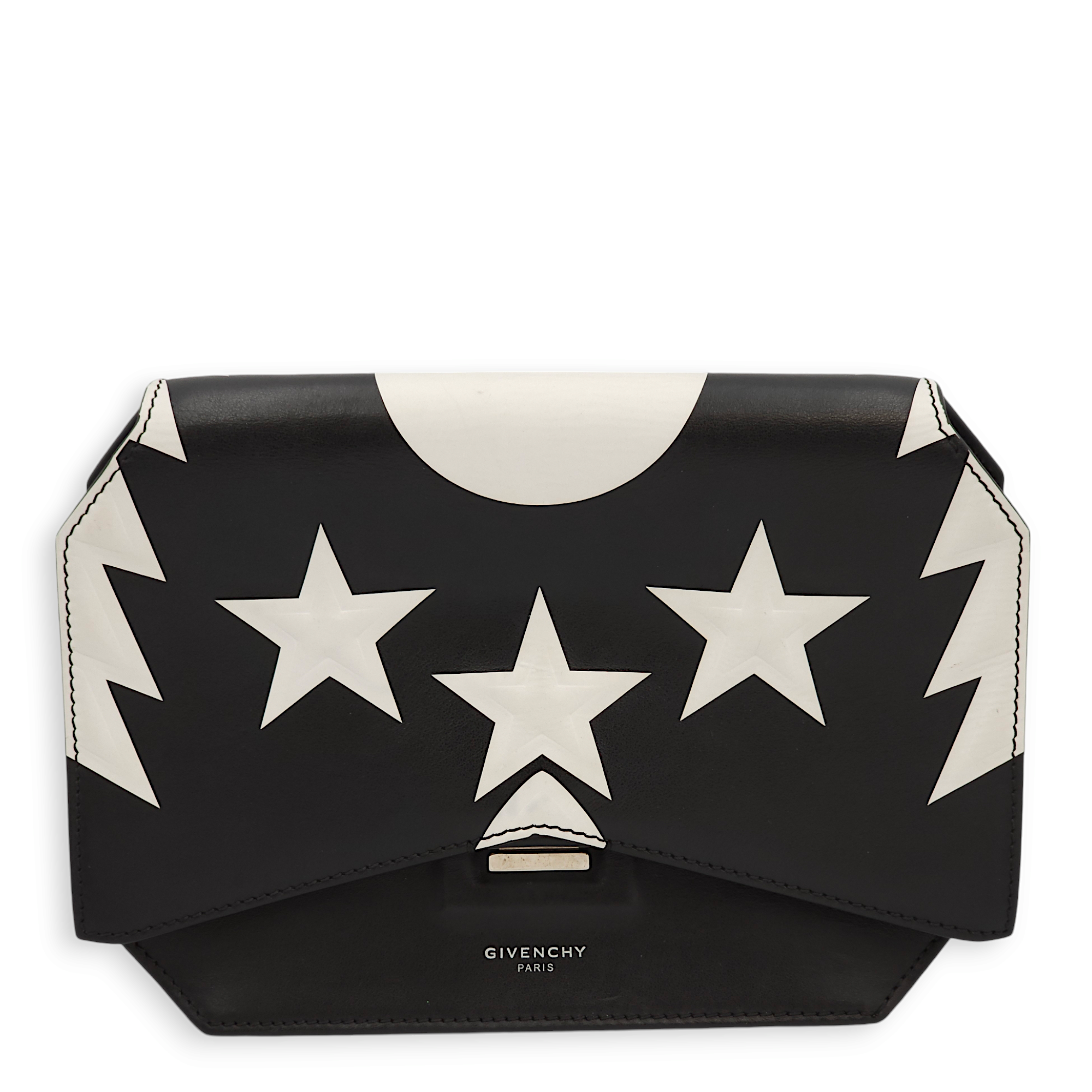 Stars Wings Print Bow Cut Black/White Crossbody Bag in Calfskin, Palladium hardware