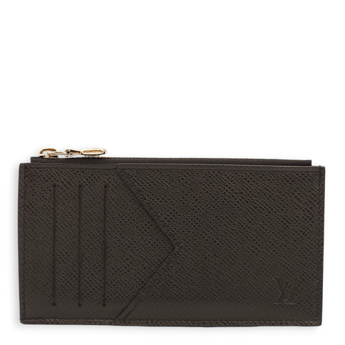 Coin Case Black Card Holder in Taiga Leather, Palladium hardware