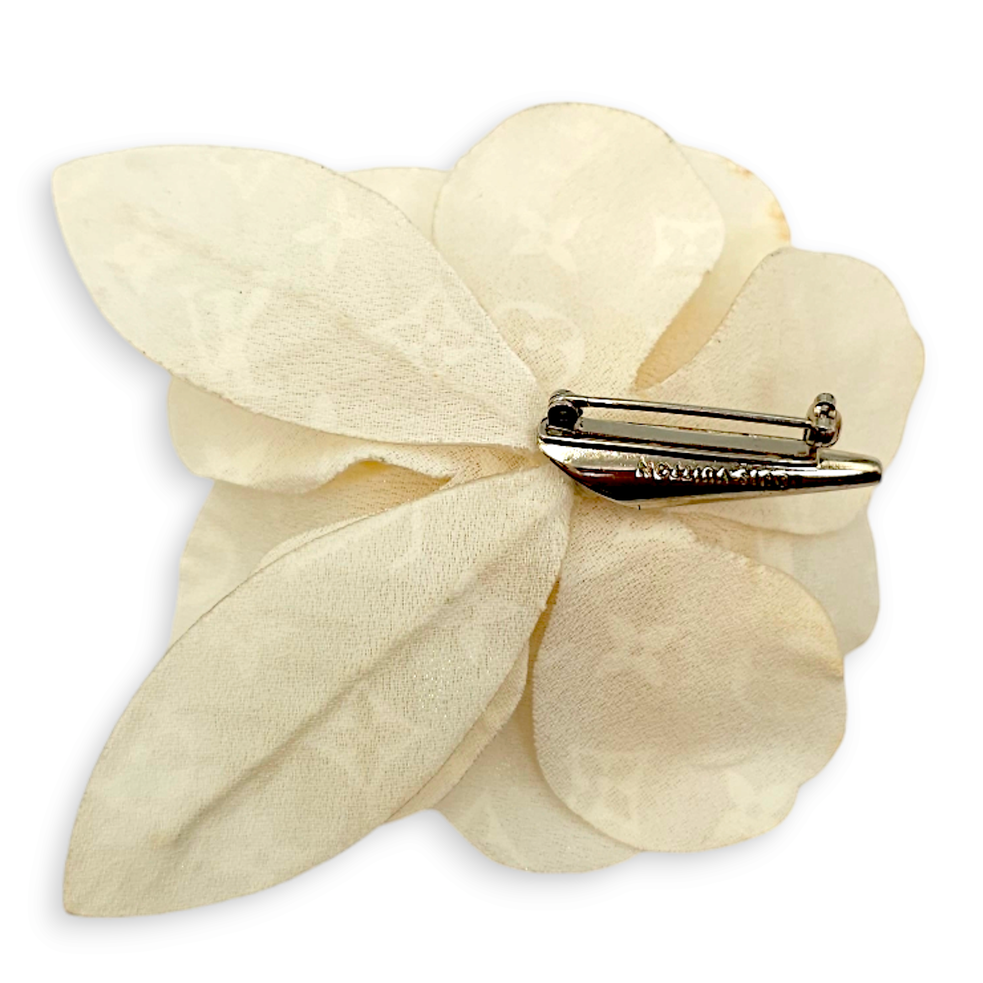 Rose Ivory Brooch in Fabric with Vinyl Coating, Palladium hardware