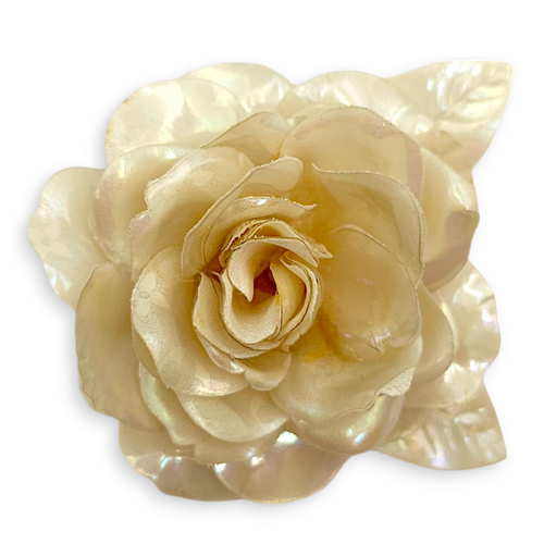 Rose Ivory Brooch in Fabric with Vinyl Coating, Palladium hardware