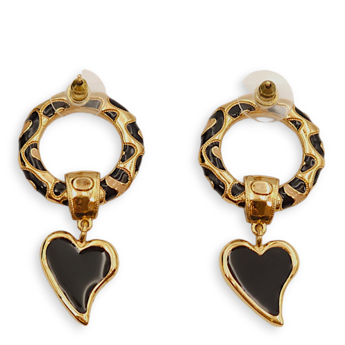 Round Dangling Heart Black/Gold Earrings, Gold hardware