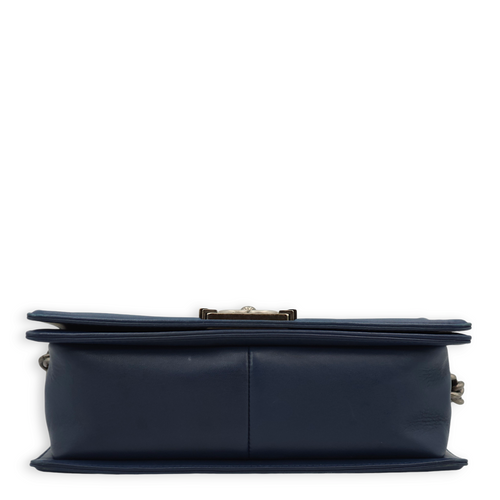 Chevron Le Boy Medium Dark Blue Shoulder Bag in Lambskin, Ruthenium hardware