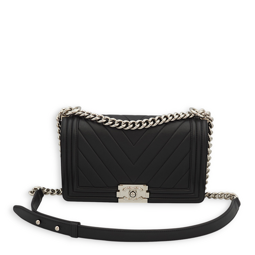 Chevron Le Boy Medium Black Shoulder Bag in Calfskin, Palladium hardware