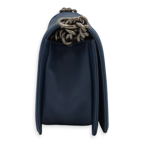 Chevron Le Boy Medium Dark Blue Shoulder Bag in Lambskin, Ruthenium hardware