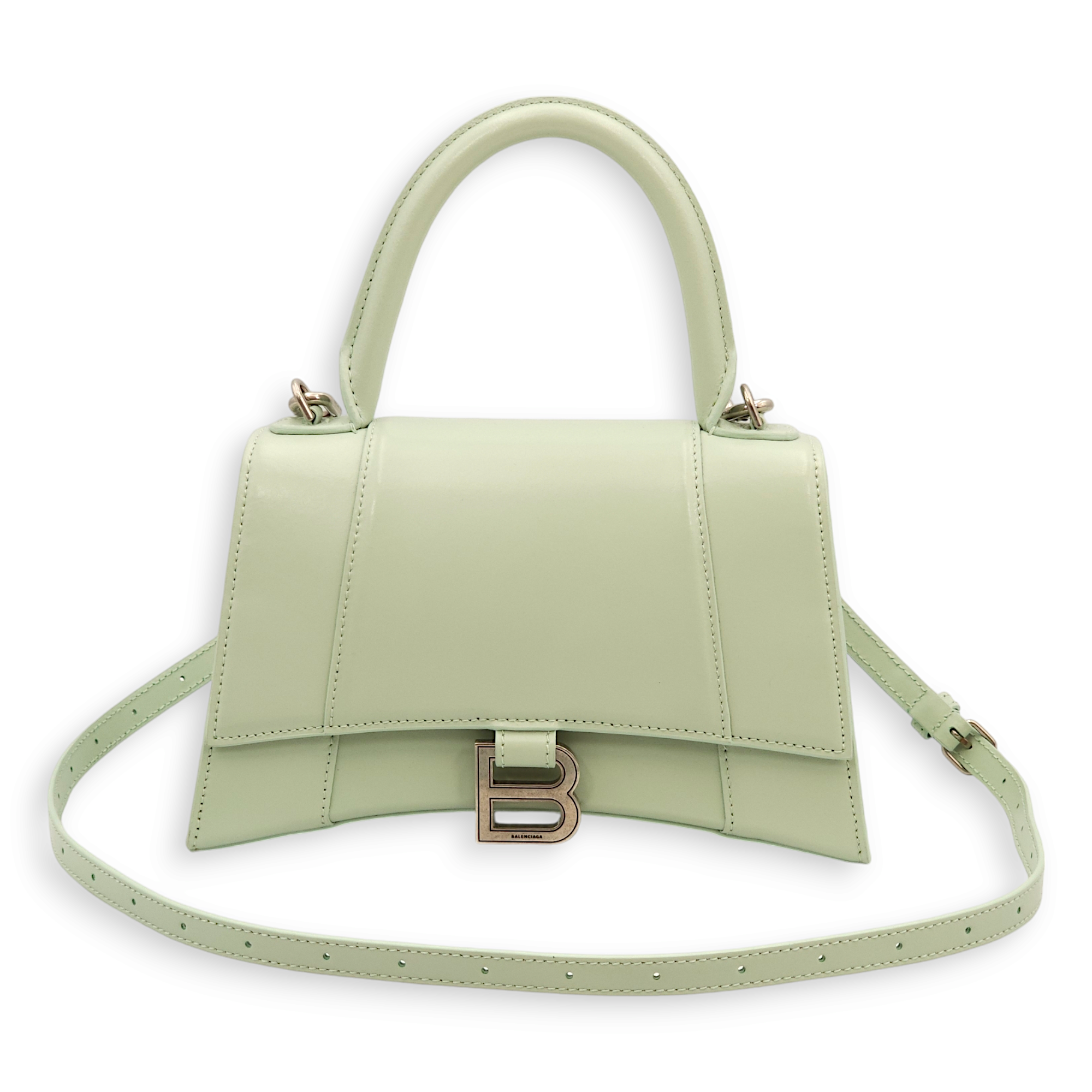 Hourglass Small Mint Green Top Handle Bag in Calfskin, Palladium hardware