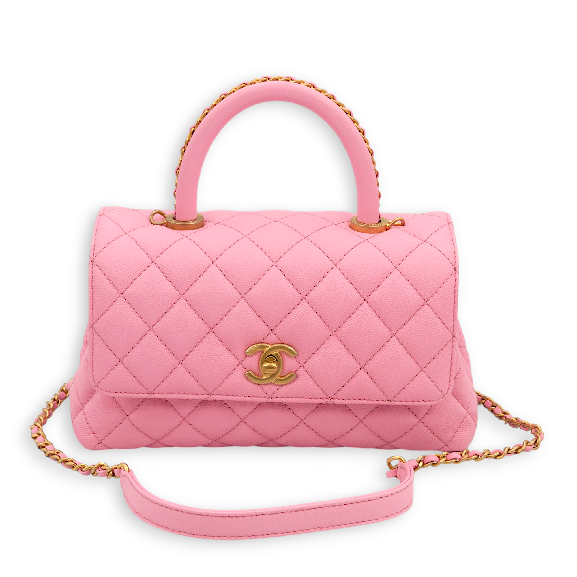 Quilted CoCo Mini Pink Top Handle Bag in Caviar Leather, Gold hardware