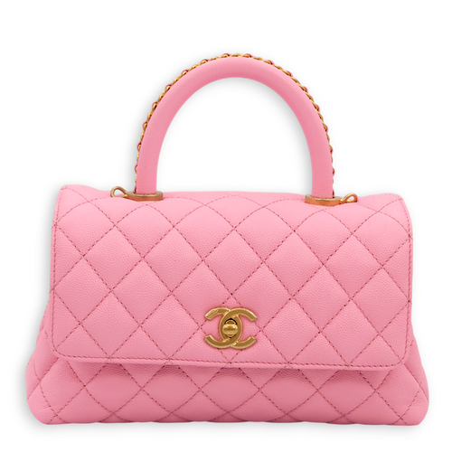 Quilted CoCo Mini Pink Top Handle Bag in Caviar Leather, Gold hardware