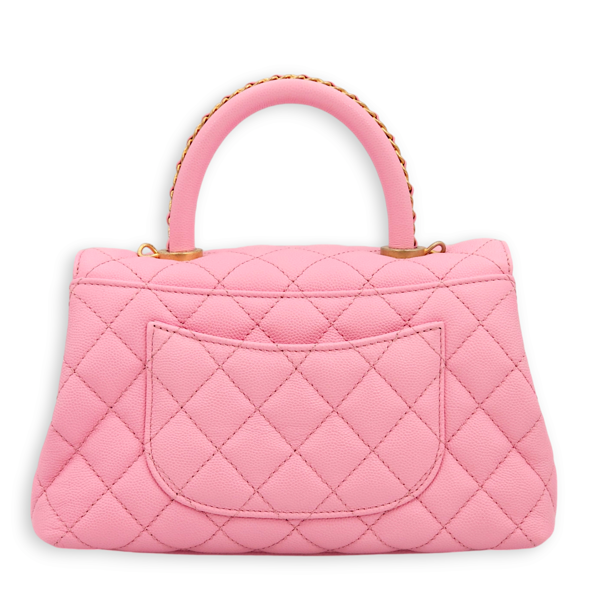 Quilted CoCo Mini Pink Top Handle Bag in Caviar Leather, Gold hardware