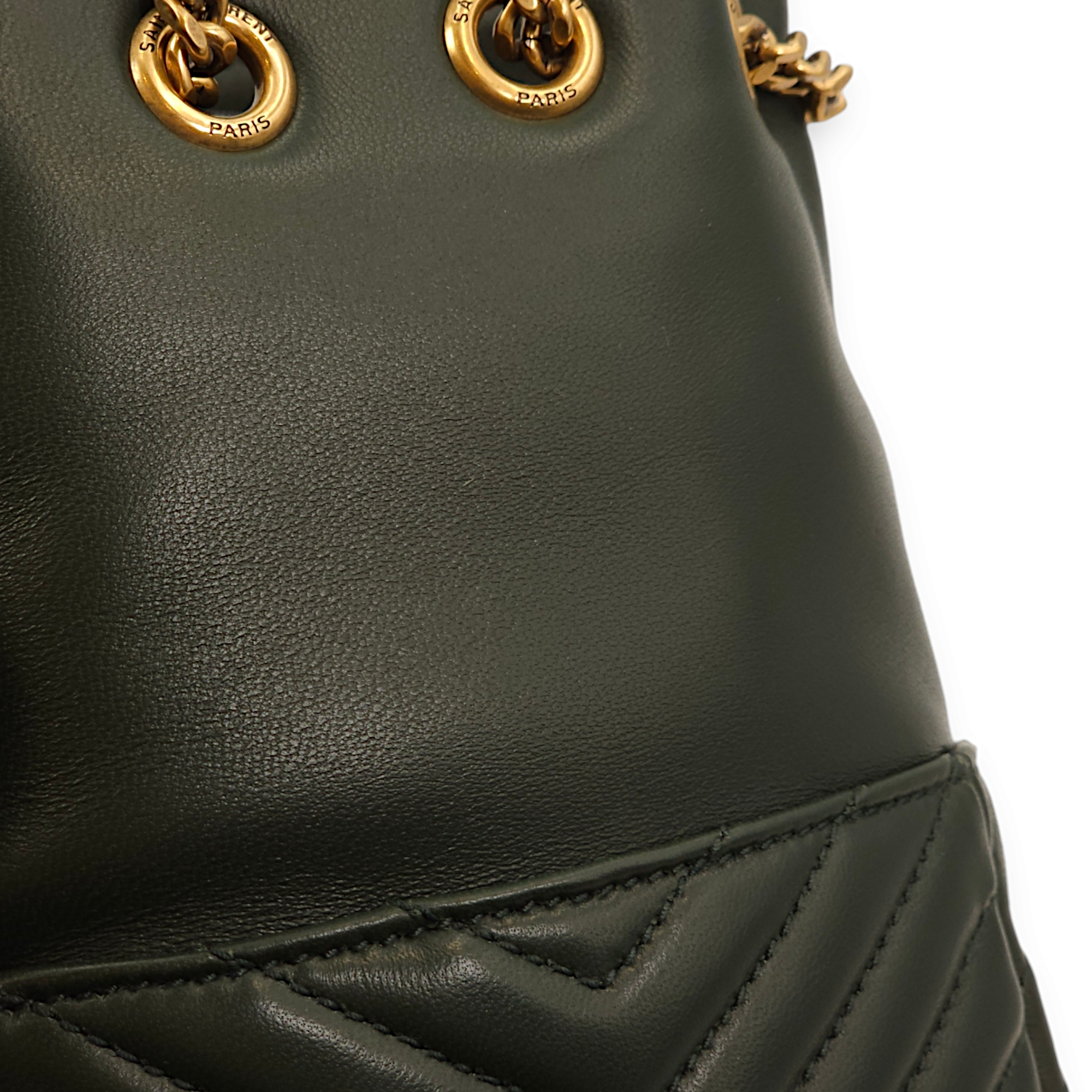 Joe Mini Dark Green Bucket Bag in Lambskin, Gold hardware