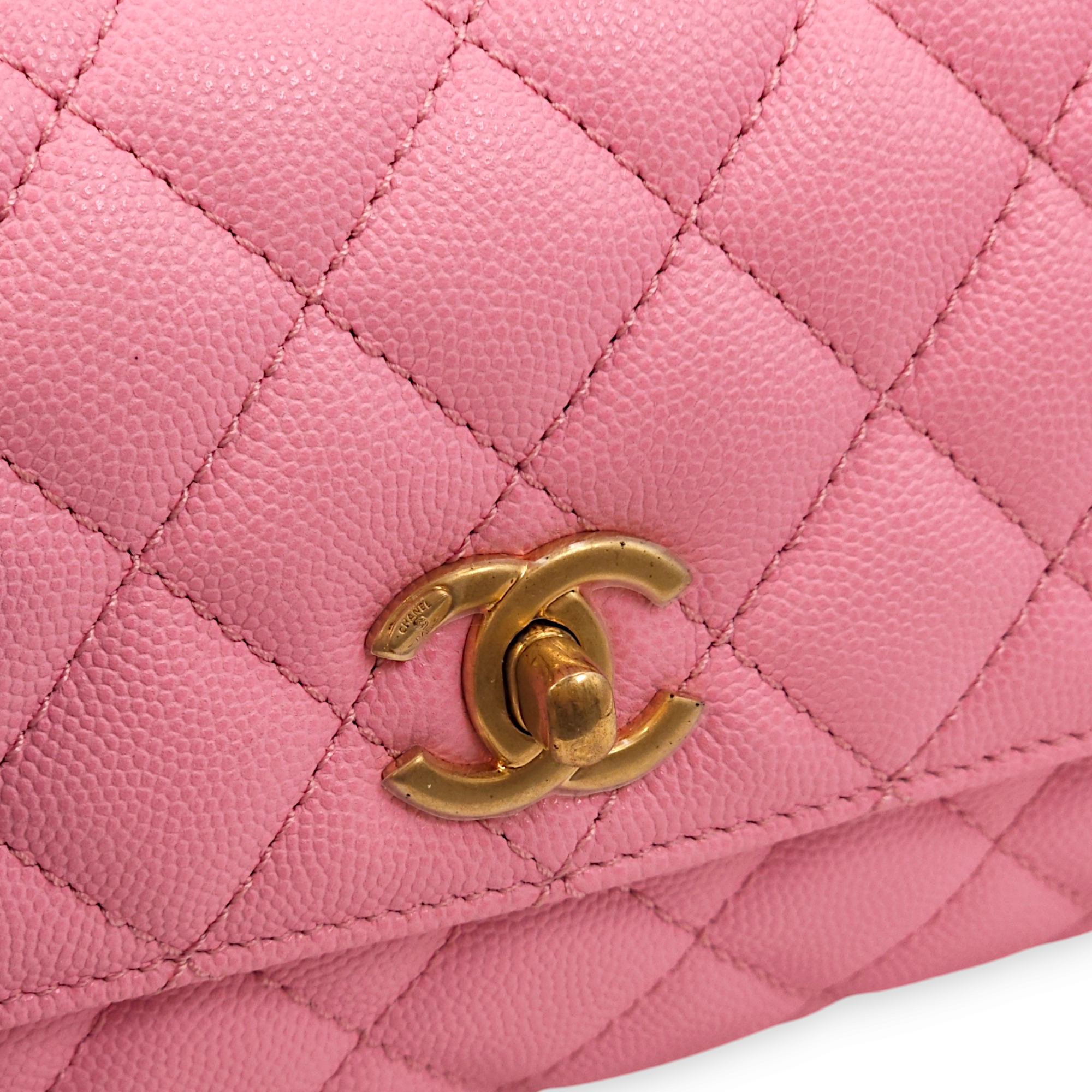 Quilted CoCo Mini Pink Top Handle Bag in Caviar Leather, Gold hardware