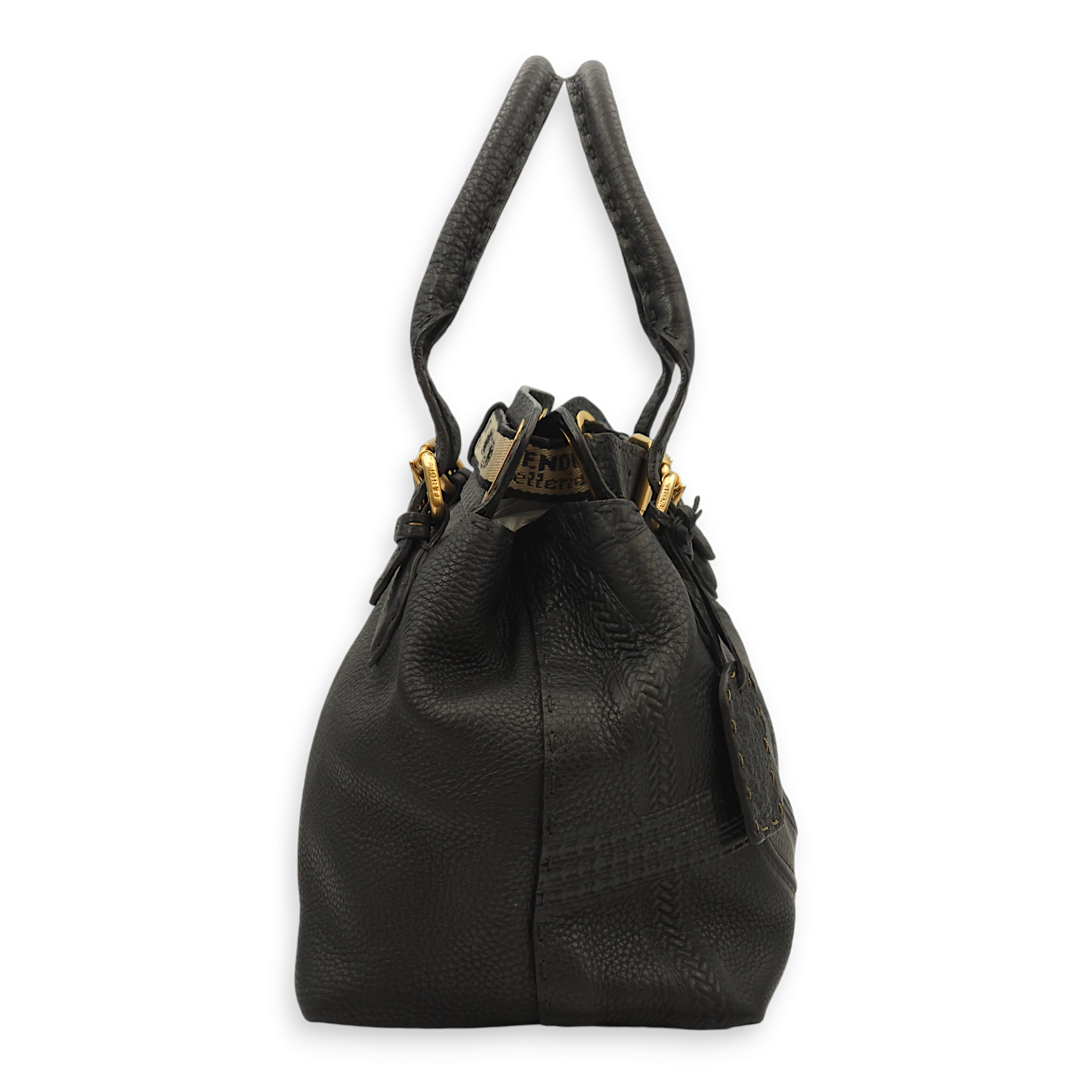 Romano Selleria Borghese Black Tote Bag in Calfskin, Gold hardware