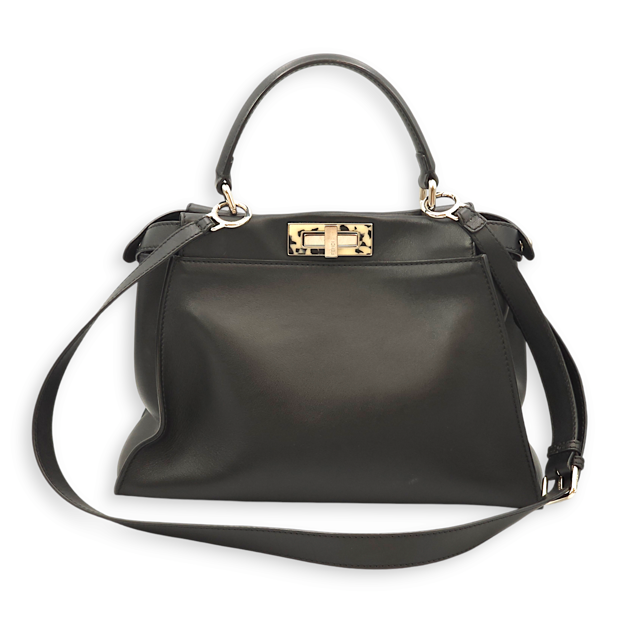 Peekaboo Medium Black Top Handle Bag in Calf/Resin, Palladium hardware