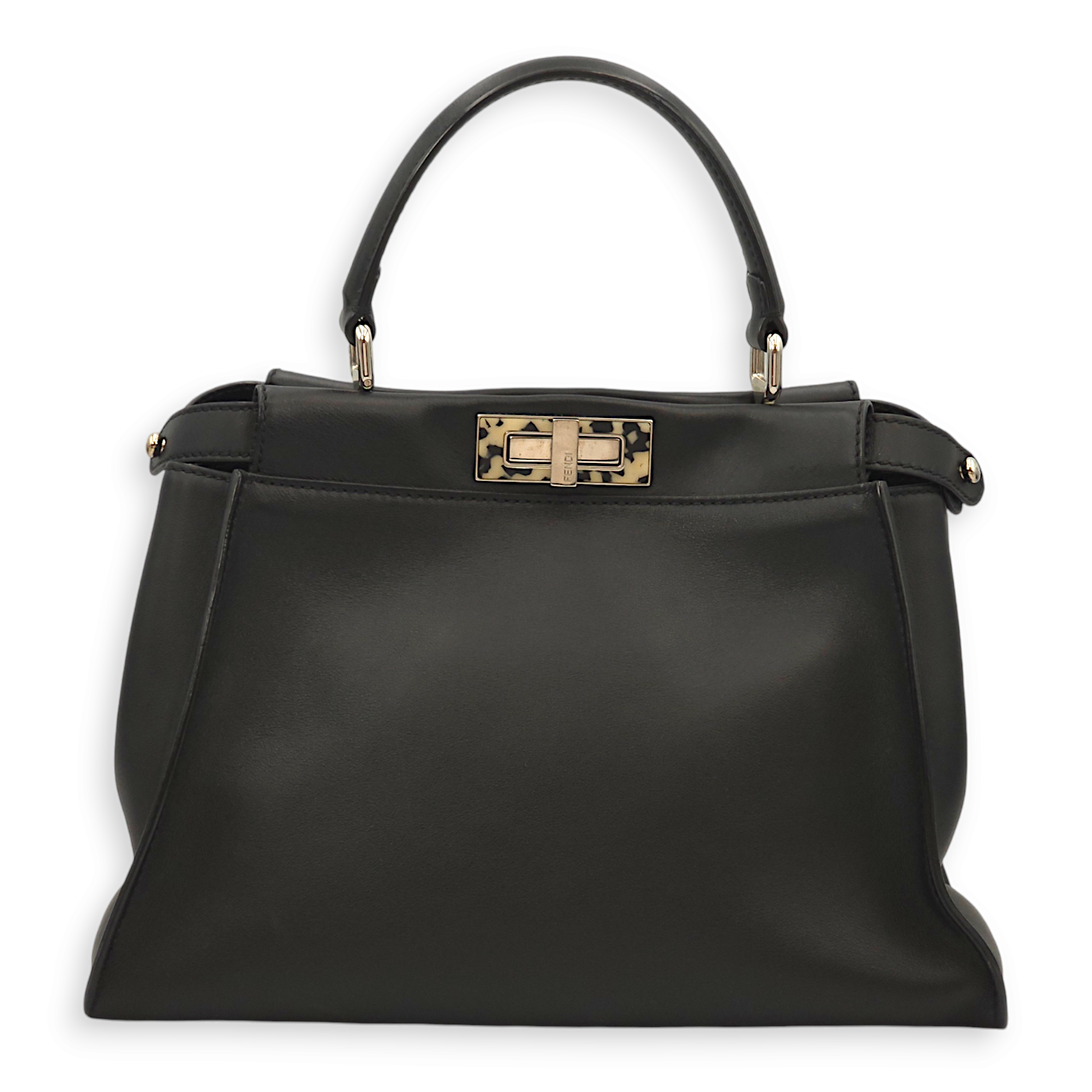 Peekaboo Medium Black Top Handle Bag in Calf/Resin, Palladium hardware