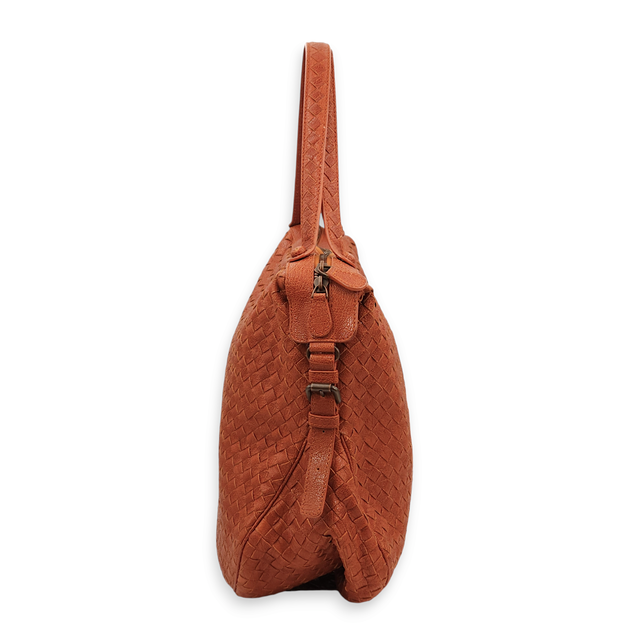 Intrecciato Zipped Rust Hobo Brick Shoulder Bag in Chevre Leather, Brass hardware