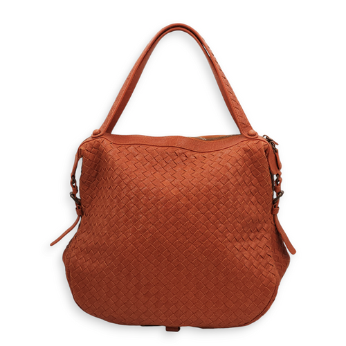 Intrecciato Zipped Rust Hobo Brick Shoulder Bag in Chevre Leather, Brass hardware