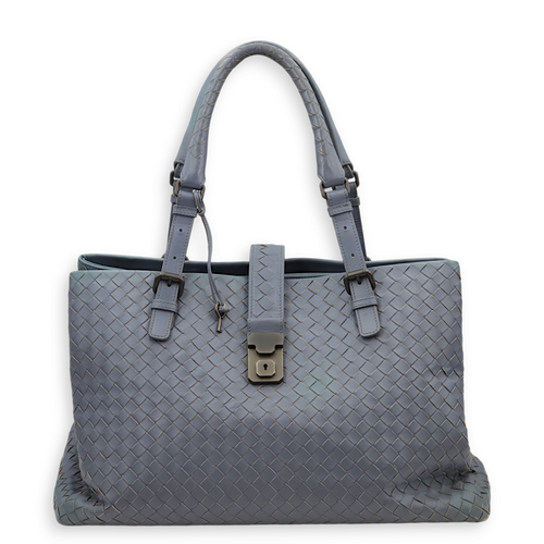 Intrecciato Roma Blue Top Handle Bag in Calfskin/Nappa Leather, Brunito hardware