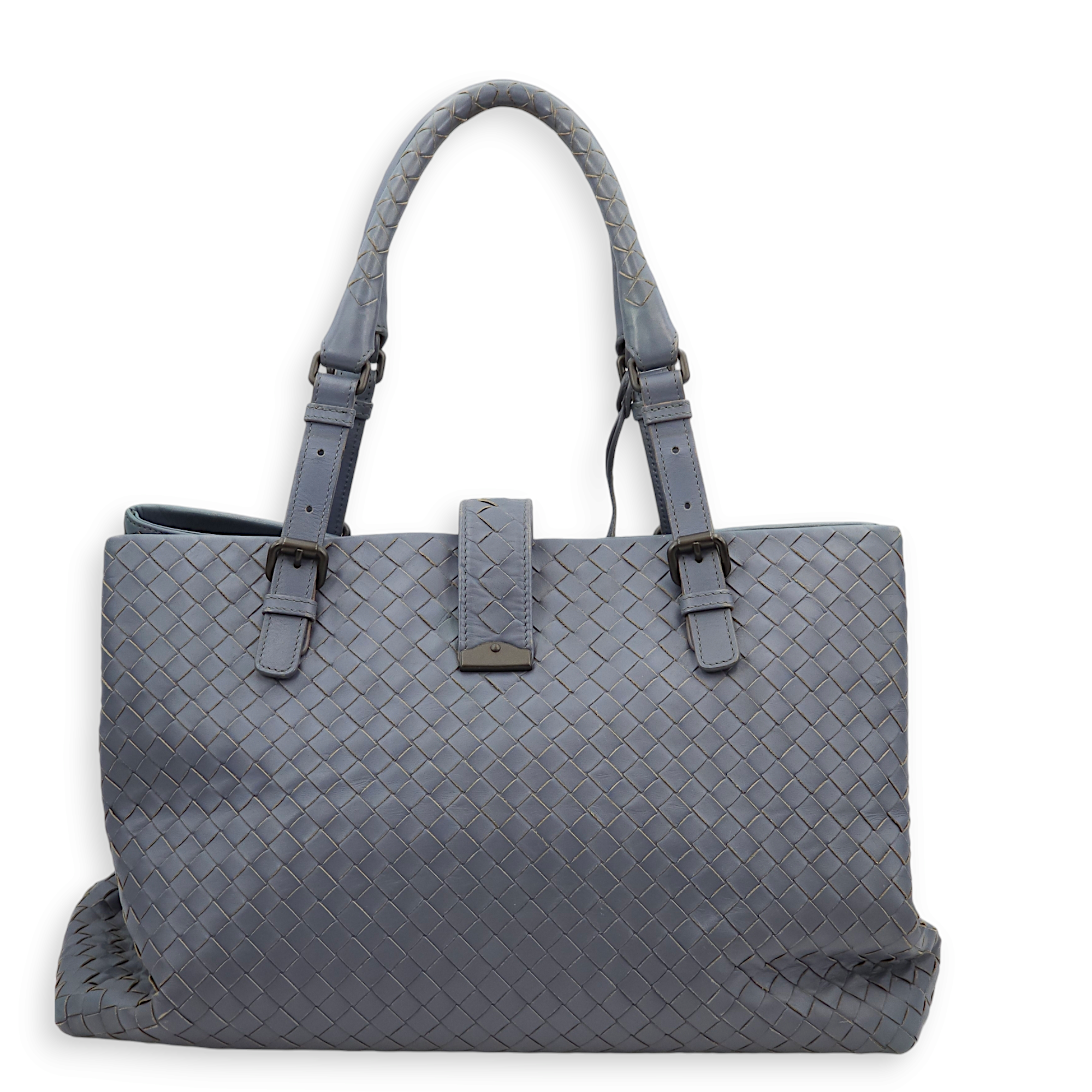 Intrecciato Roma Blue Top Handle Bag in Calfskin/Nappa Leather, Brunito hardware