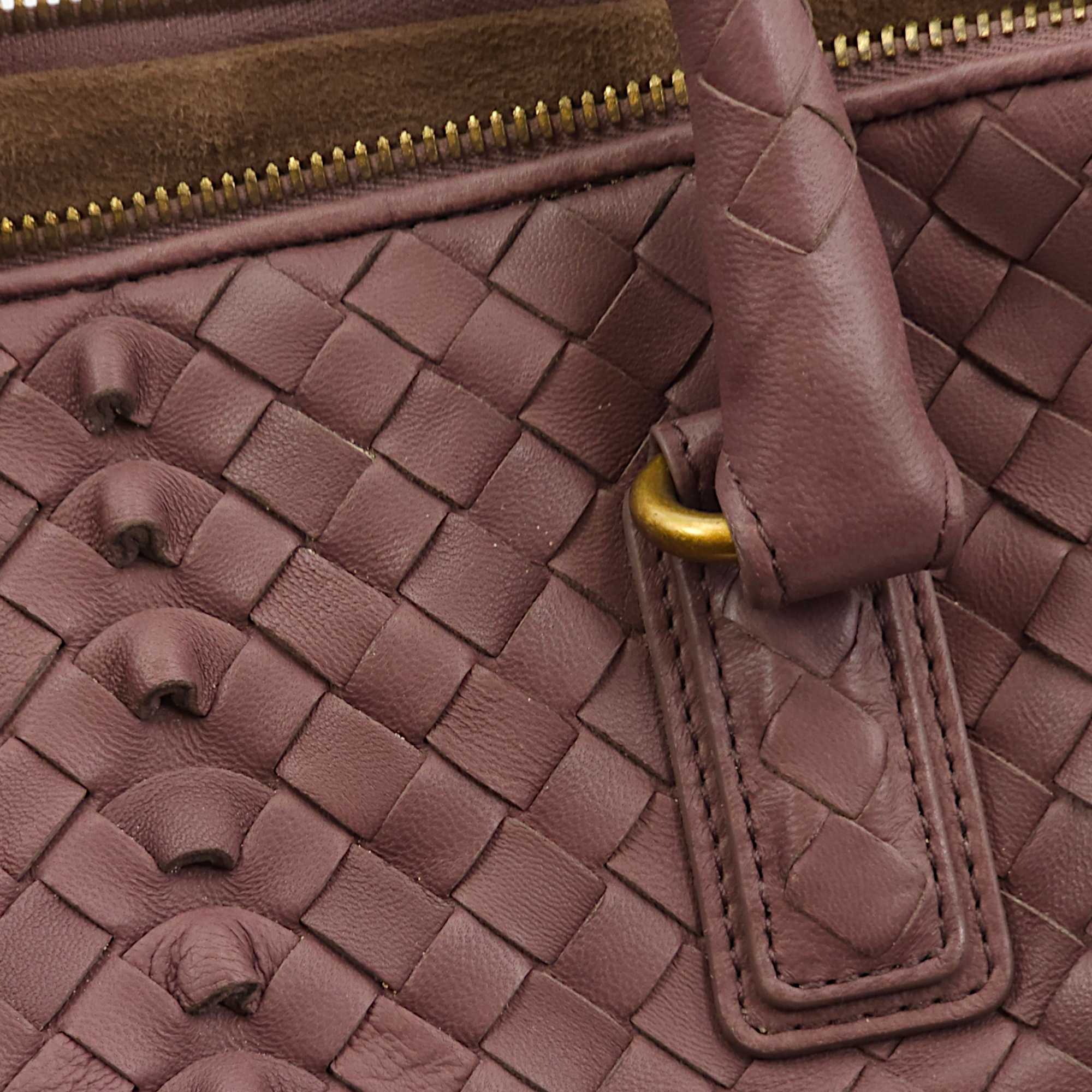 Intrecciato Zipped Carryall Purple Top Handle Bag in Nappa Leather, Gold hardware