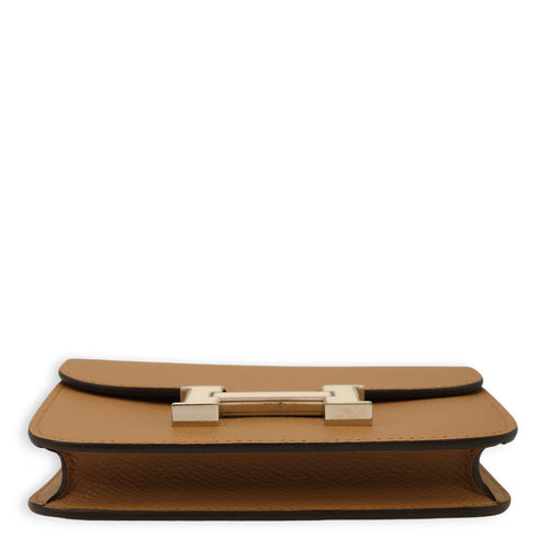 Consrance Slim Brown Wallet in Epsom, Enamel hardware