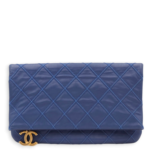 Thin City Blue Clutch in Calfskin, Antique Gold hardware