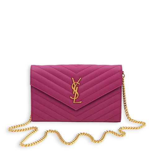 Chevron Magenta Wallet On Chain in Grained Calf, Gold hardware