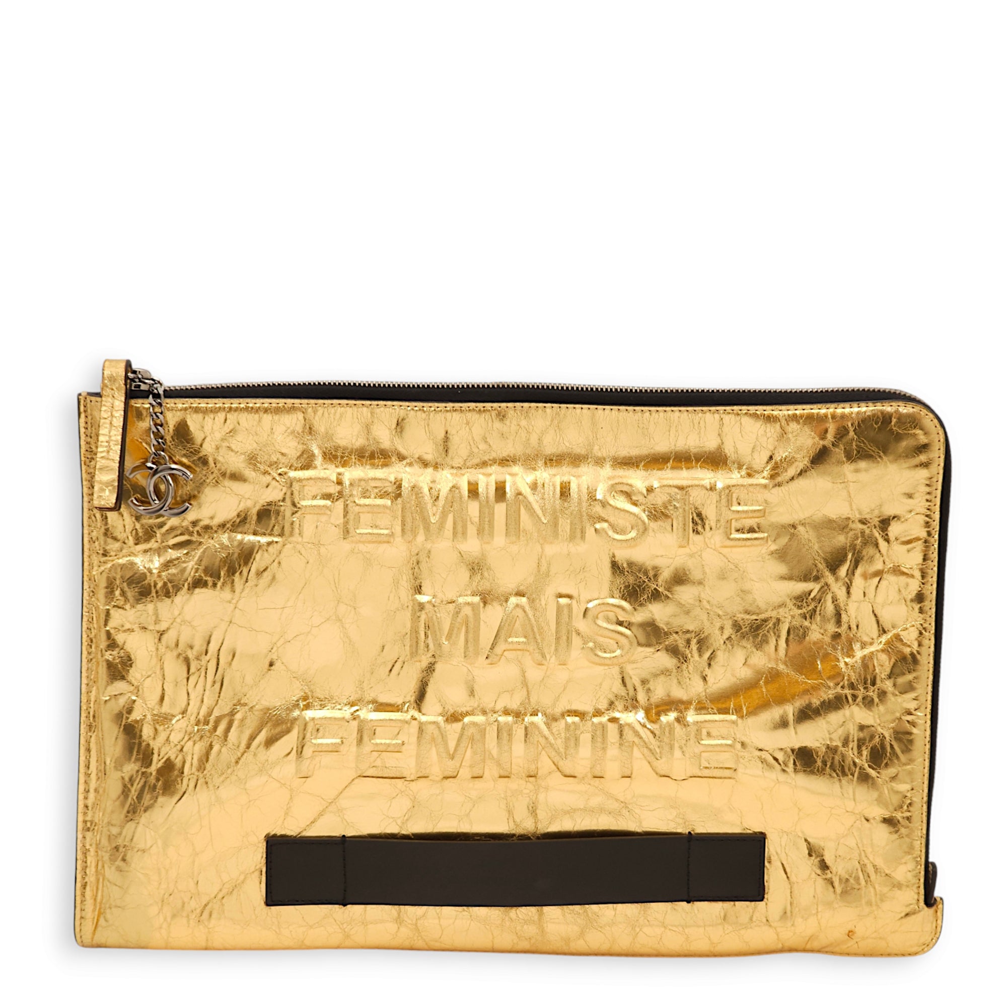 Feministe Mais Feminine Matallic Gold Clutch in Calfskin, Palladium hardware