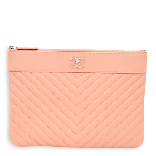 Chevron Medium Shimmer Salmon O Case Pouch in Caviar Leather