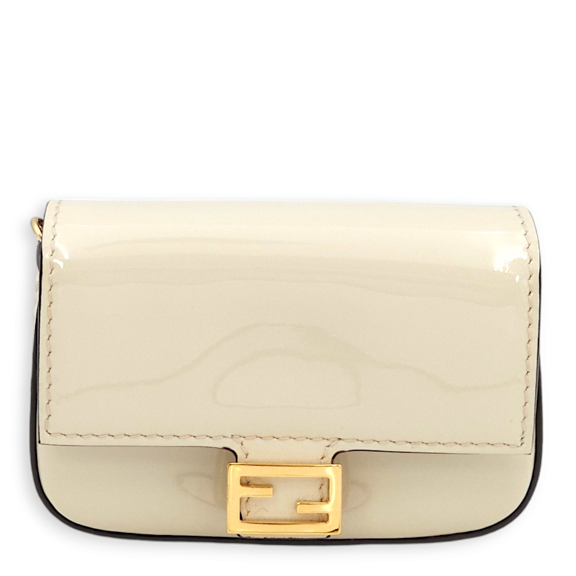 Nano Baguette Belt bag Cream Charm in Patent Leather, Gold hardware