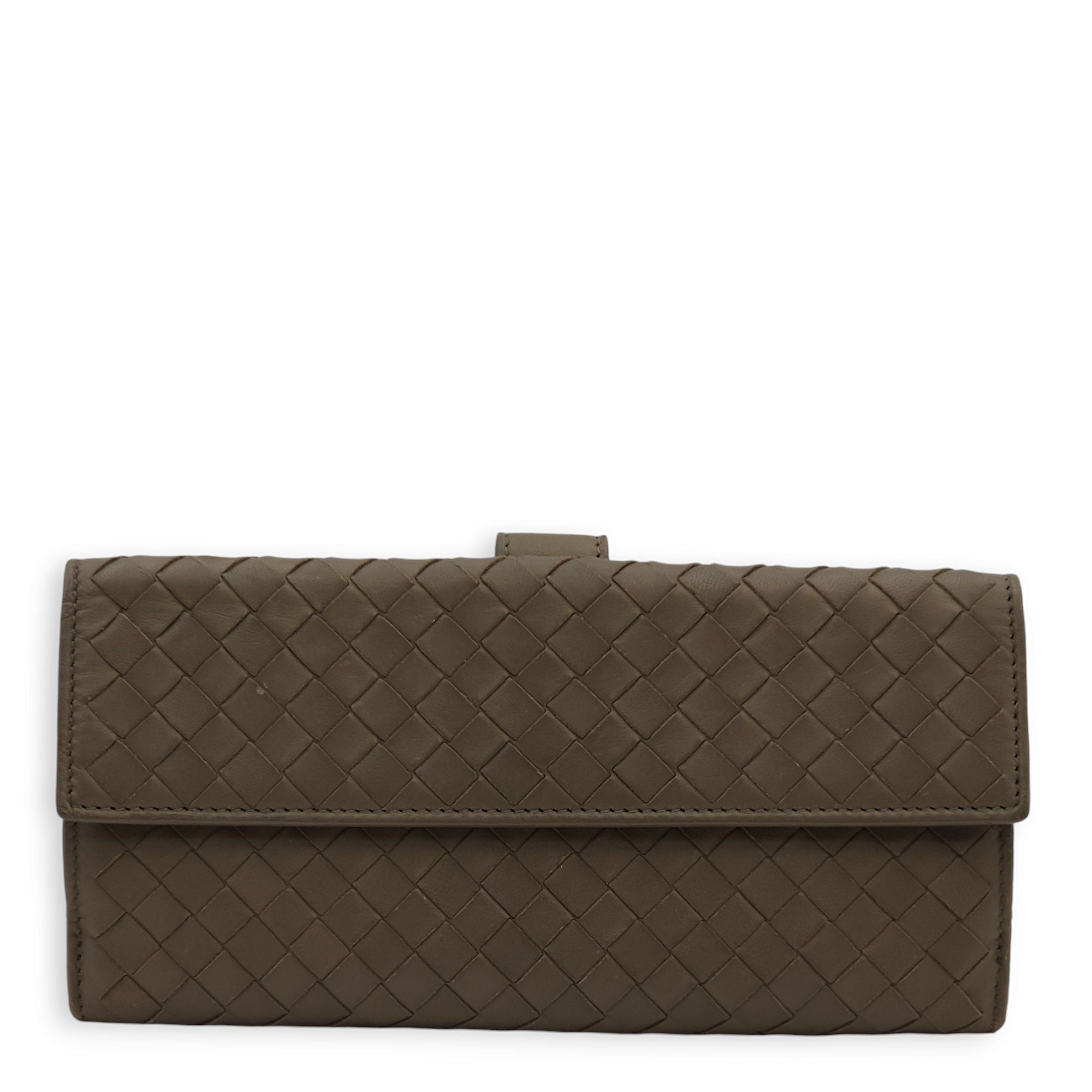 Intrecciato Bi-Fold Olive Green Wallet in Nappa Leather, Brunito hardware