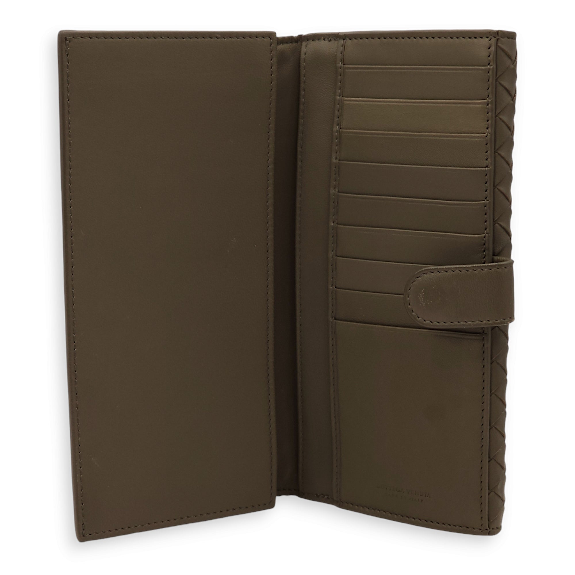 Intrecciato Bi-Fold Olive Green Wallet in Nappa Leather, Brunito hardware