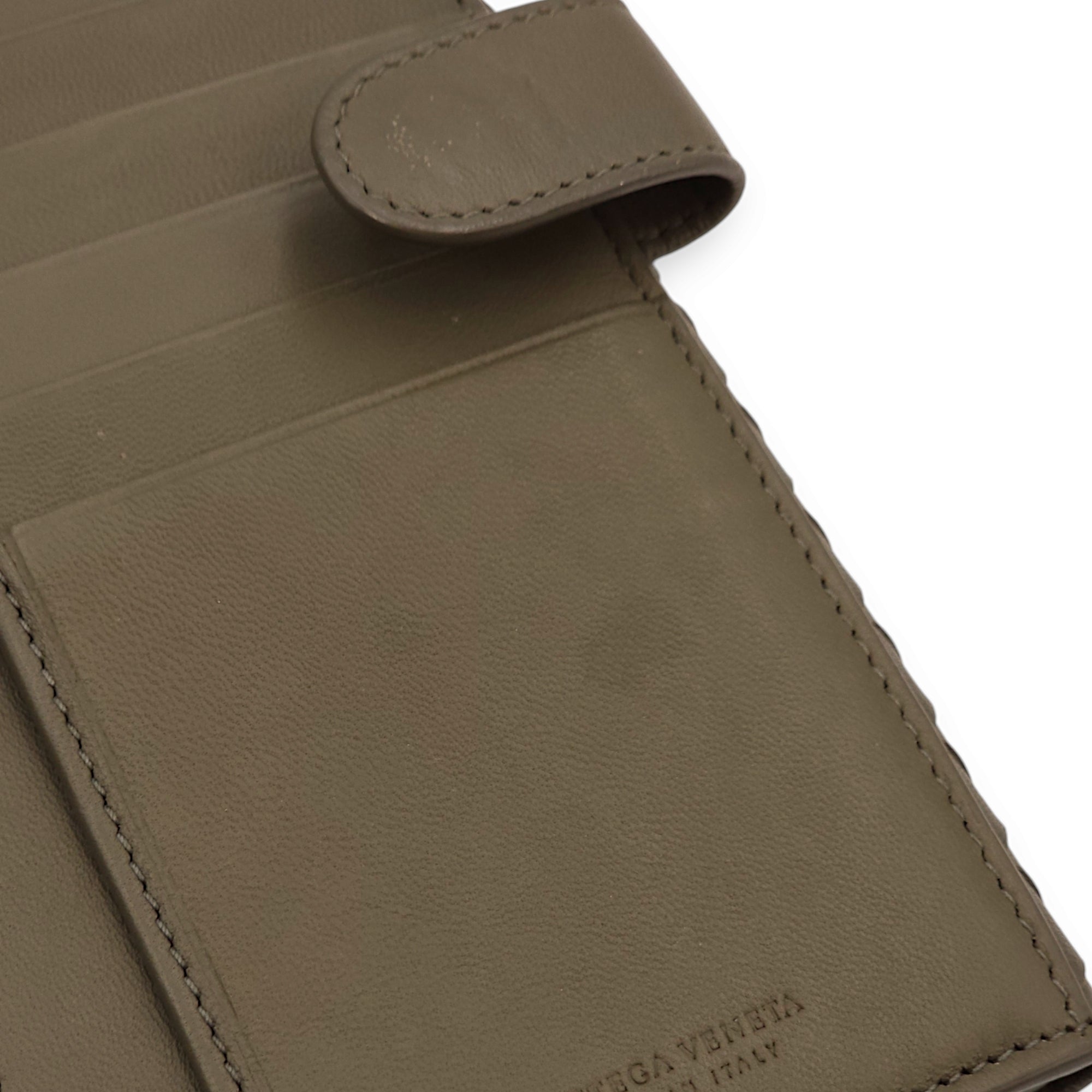 Intrecciato Bi-Fold Olive Green Wallet in Nappa Leather, Brunito hardware